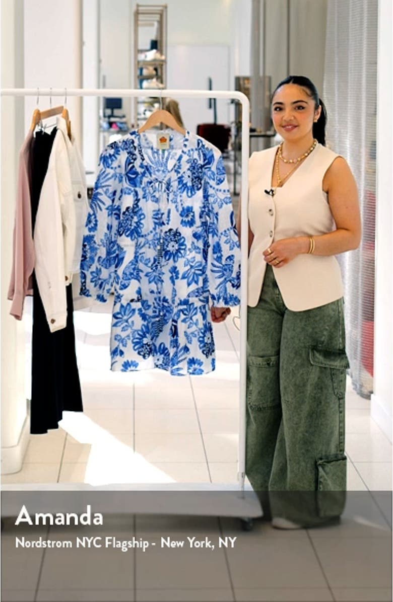 Flowerful Birds Print Long Sleeve Cotton Minidress, sales video thumbnail