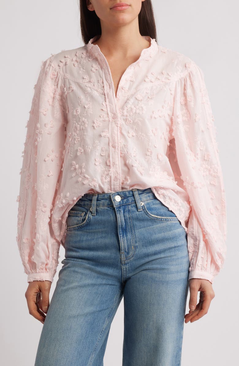 & Other Stories Floral Embroidery Puff Sleeve Shirt, Main, color, Pink Dusty Light
