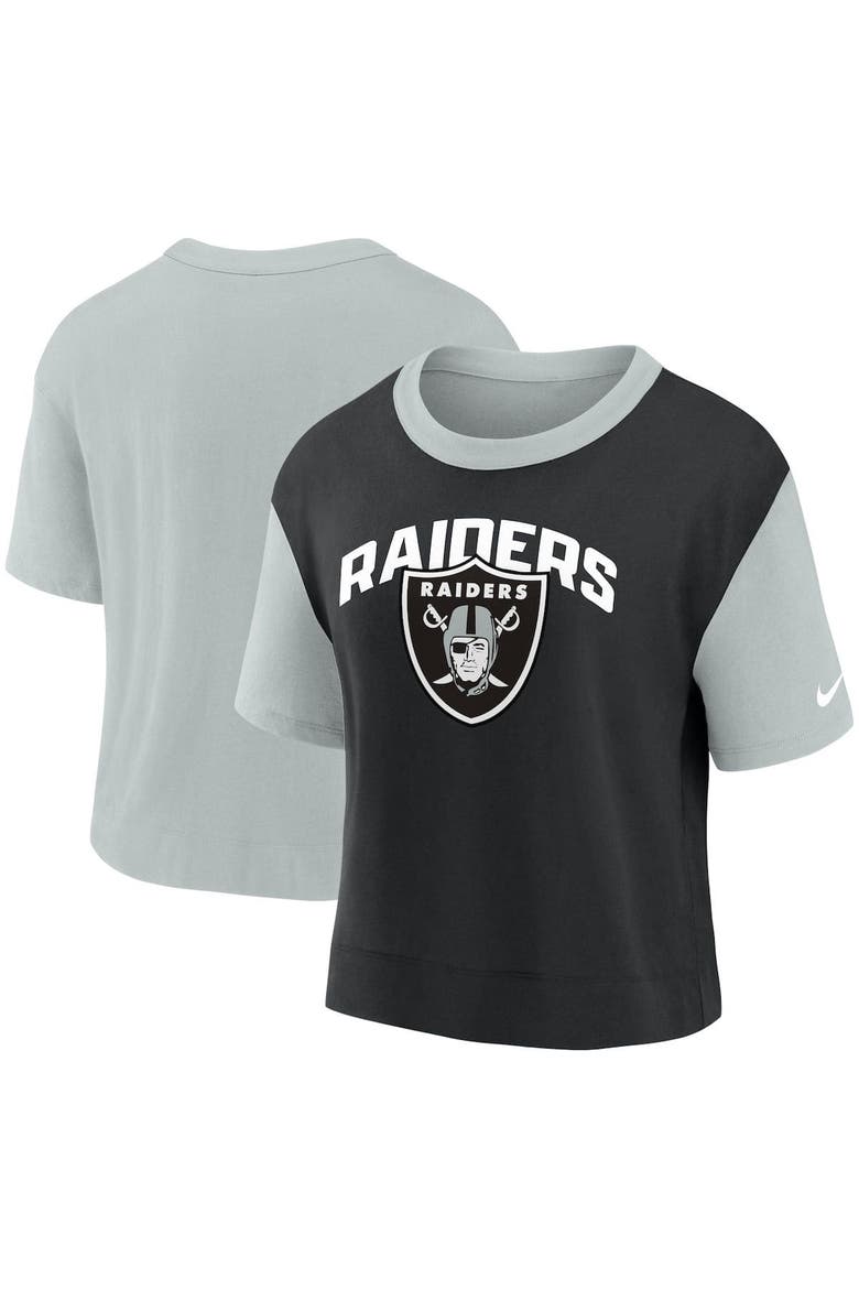 Women's Nike Silver/Black Las Vegas Raiders High Hip Fashion T-Shirt, Main, color, Silver