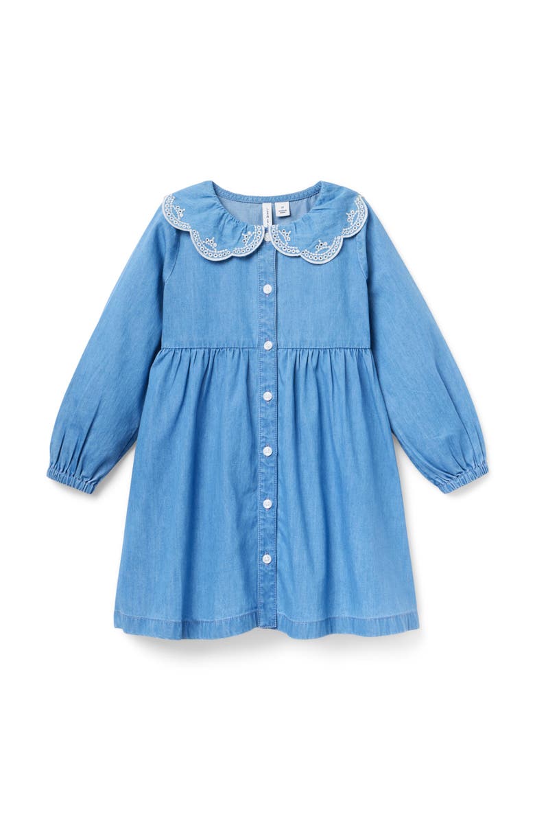 Janie and Jack Chambray Embroidered Collar Dress, Main, color, Blue