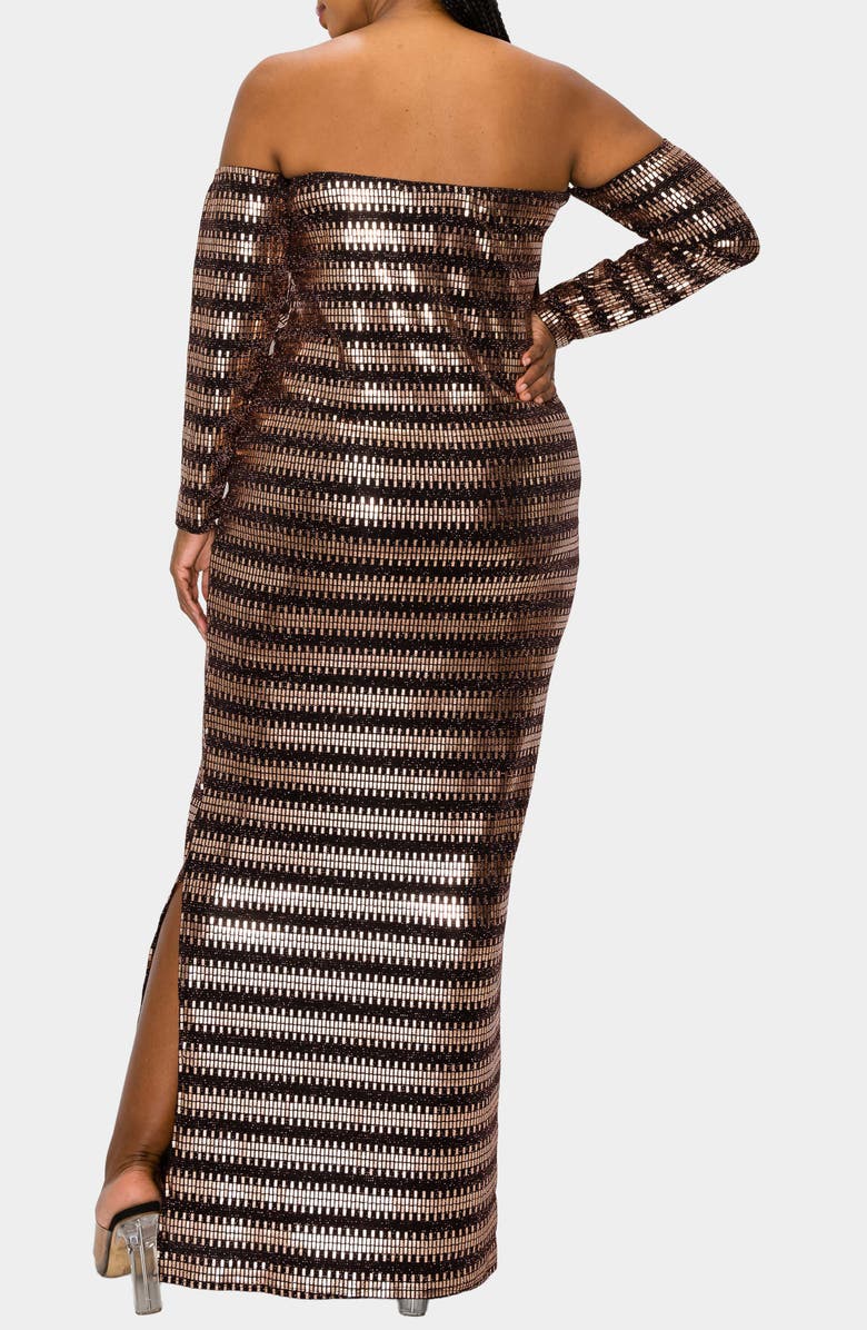 L I V D Temptations Sequin Off the Shoulder Long Sleeve Maxi Dress, Alternate, color, Matte Gold