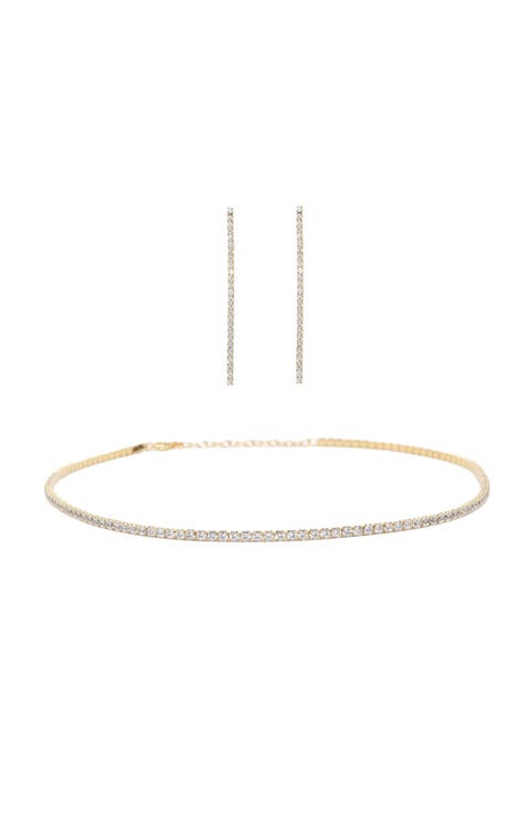 Sterling Silver 18k Gold Plated Cherie Tennis Necklace & Earrings Set Holiday Gift Idea