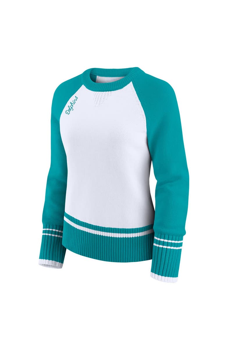 WEAR by Erin Andrews Women's WEAR by Erin Andrews White/Aqua Miami Dolphins Colorblock Raglan Sweater, Alternate, color, White