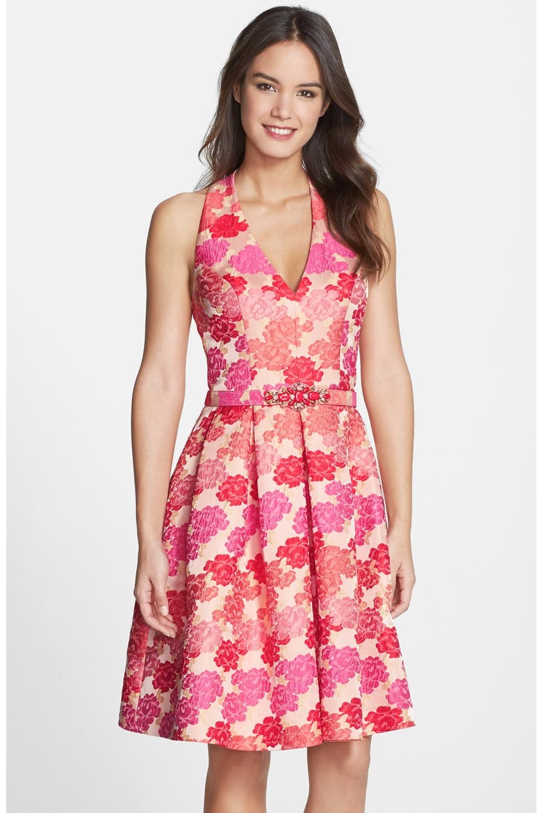 Embellished Jacquard Fit & Flare Dress, Main, color, CORAL