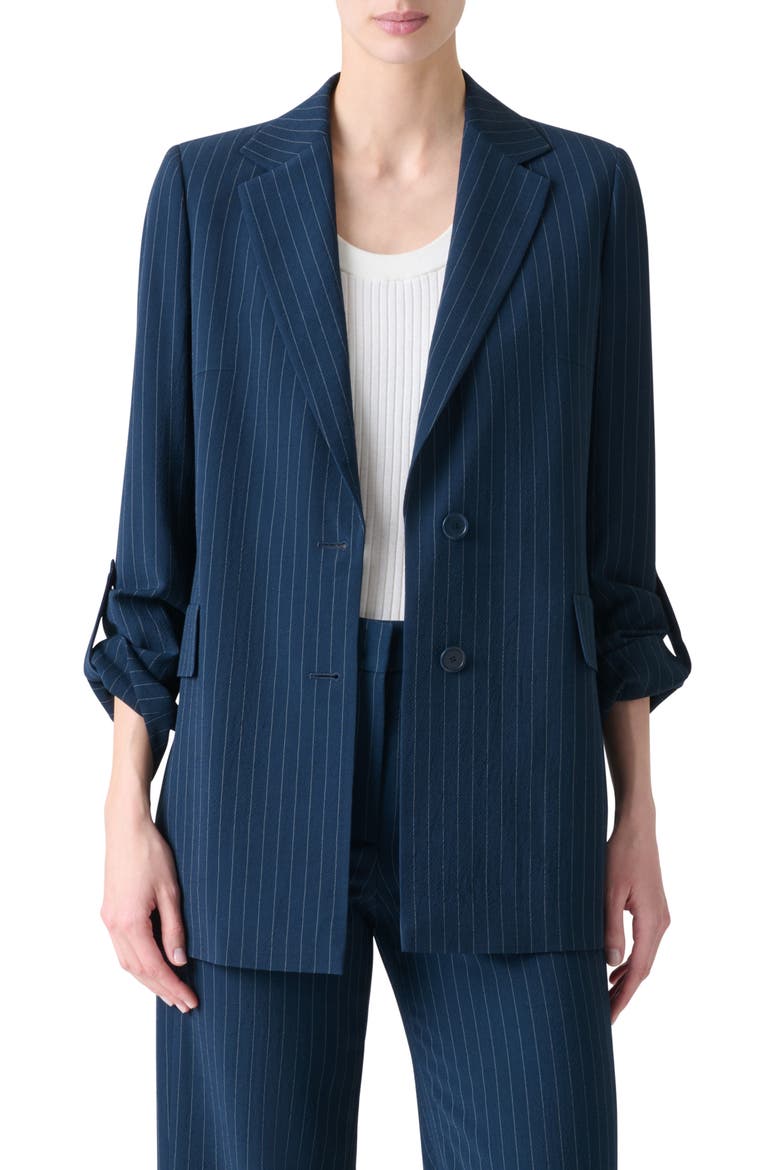 Pinstripe Cool Wool Blend Crepe Blazer, Main, color, NAVY