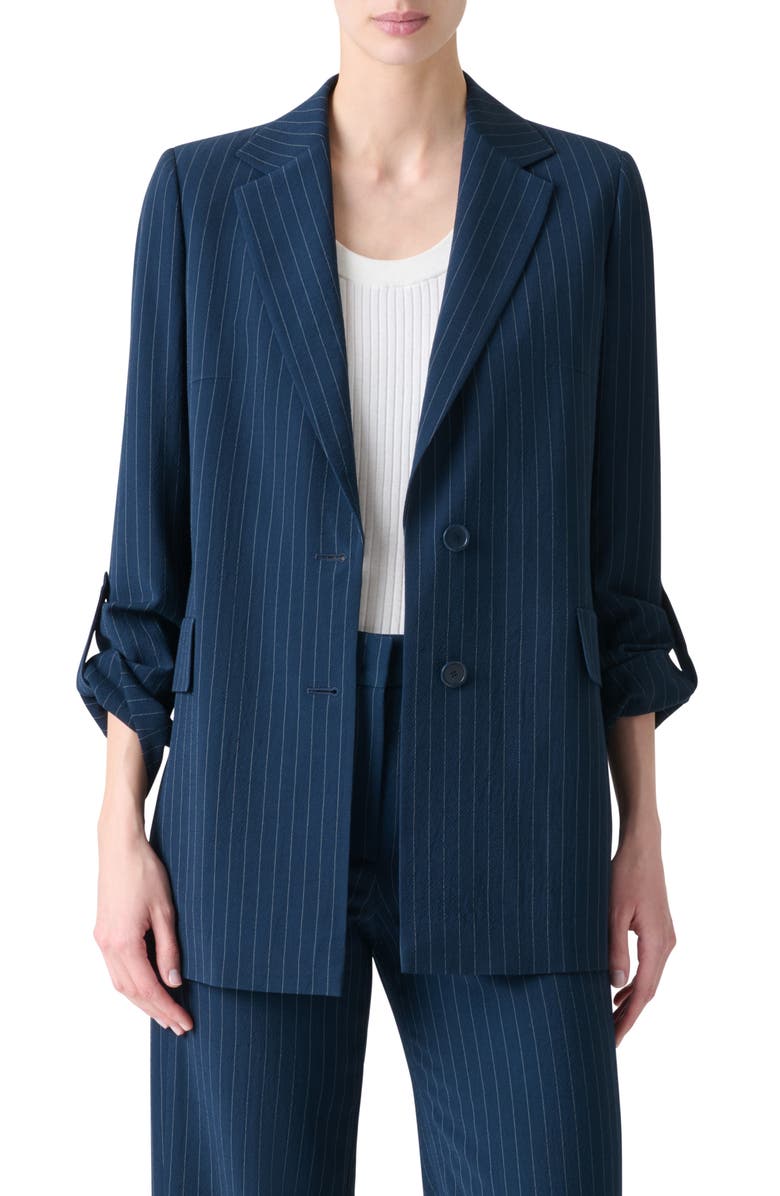 Akris punto Pinstripe Cool Wool Blend Crepe Blazer, Main, color, Navy