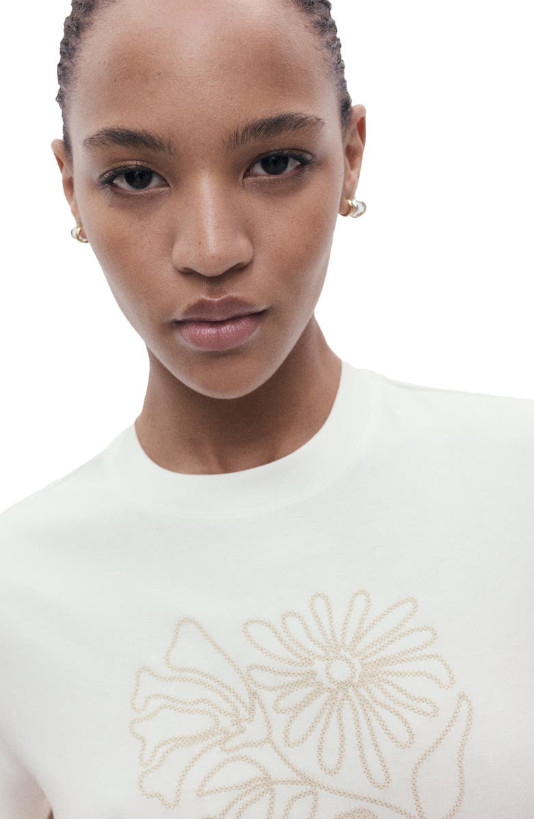 MANGO Flower Embroidered Cotton T-Shirt, Alternate, color, Off White