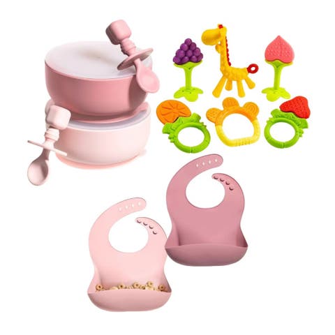 Silicone Suction Bowl Set with Lids, Adjustable Bibs, Teething Toys, BPA Free, Dishwasher & Freezer Safe