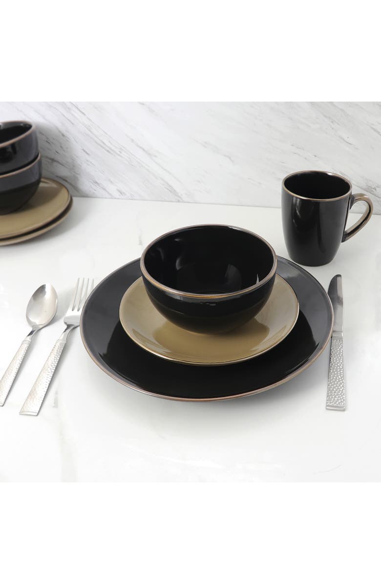 Elama Cambridge Grand 16-Piece Dinnerware Set in Luxurious Black and Warm Taupe with Complete Setting for 4, Alternate, color, Black