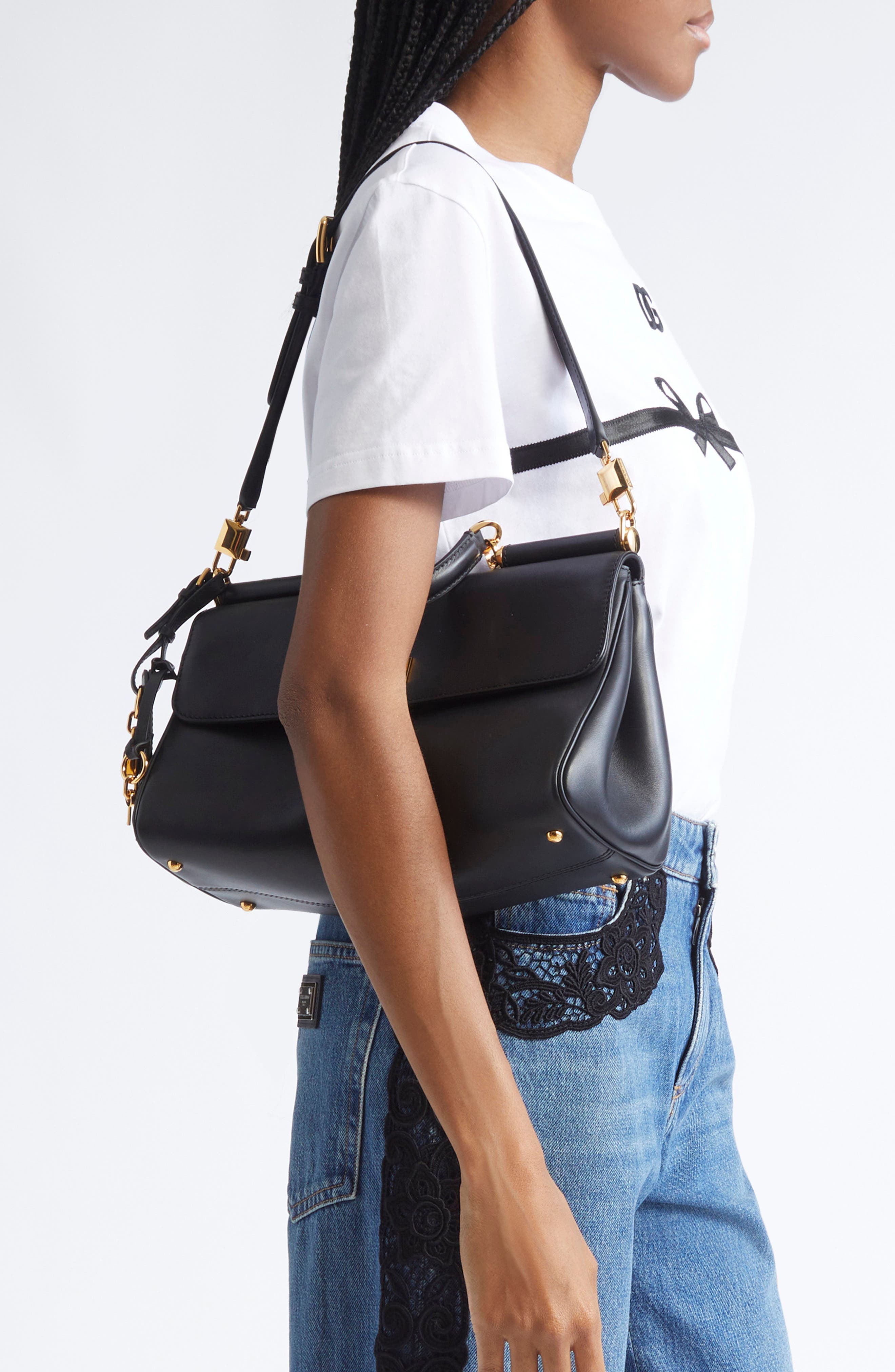 Dolce&Gabbana My Sicily East/West Plongé Leather Top Handle Bag, Alternate, color, 80999 Nero