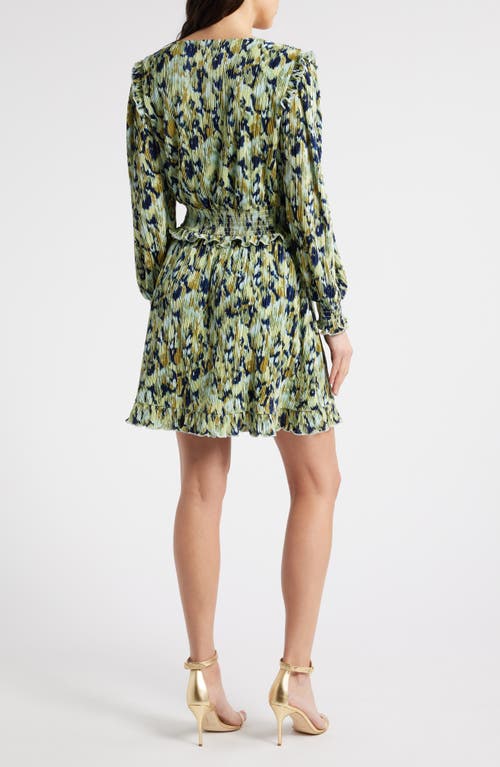 Chelsea28 Plissé Smocked Waist Long Sleeve Minidress In Blue- Green Textured Floral