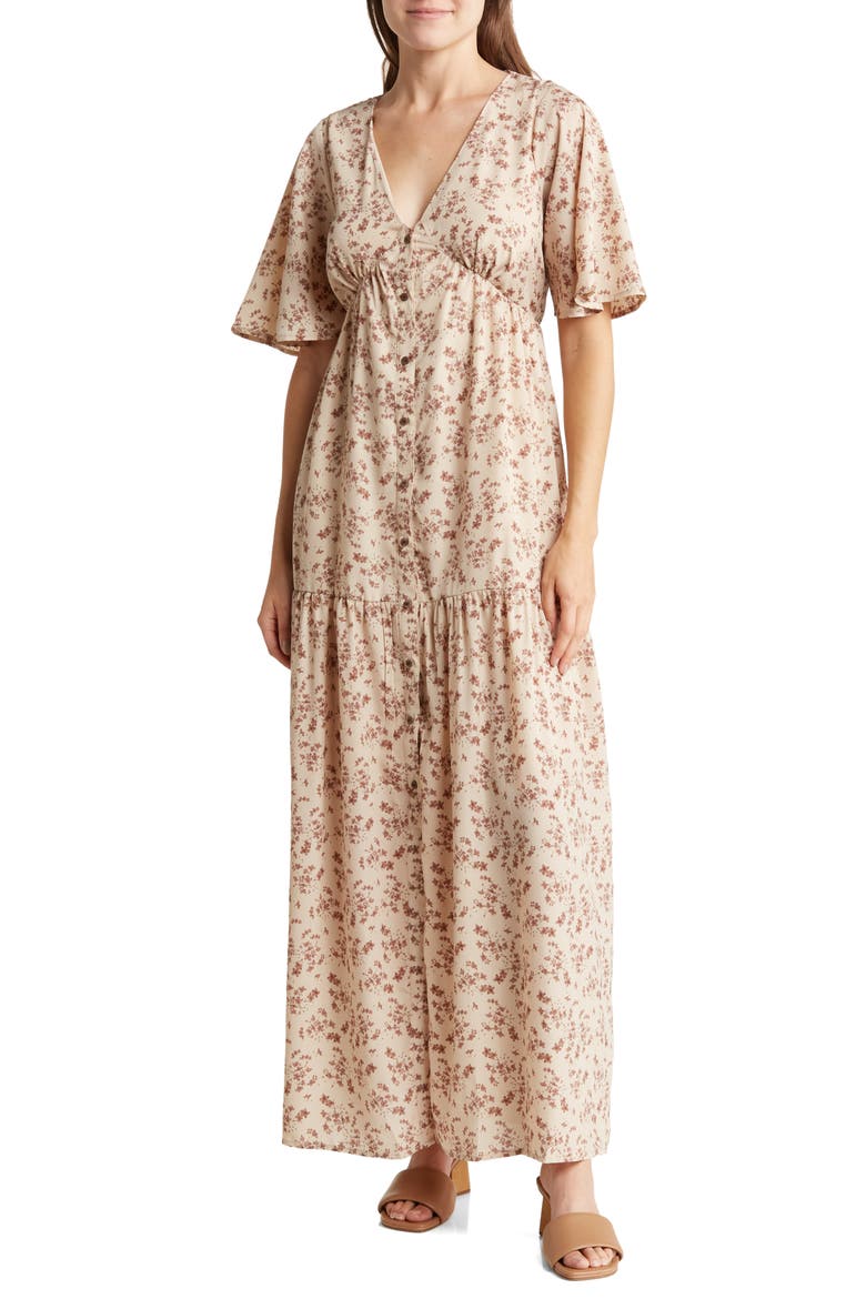 Floral Button Front Maxi Dress, Main, color, MOCHA