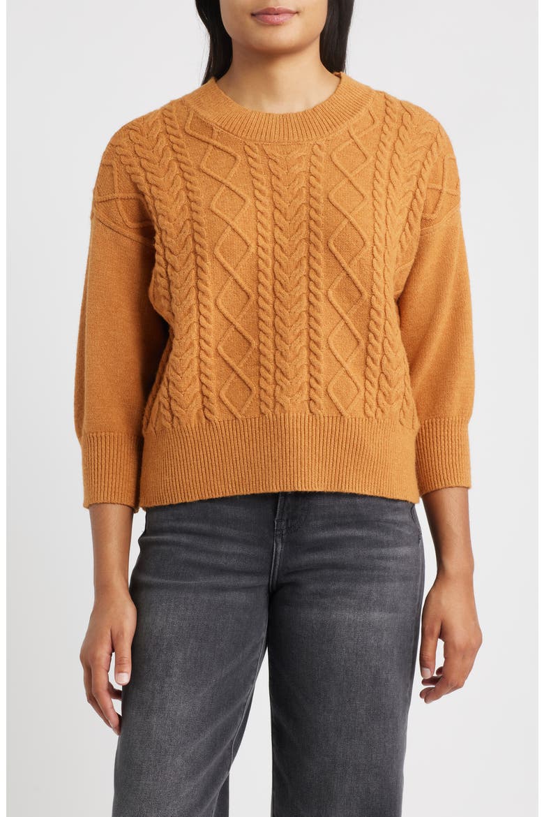 Three-Quarter Sleeve Cable Knit Sweater, Main, color, COGNAC