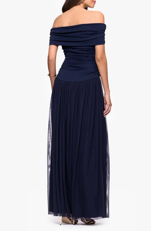 Betsy & Adam Mixed Media Off The Shoulder Gown In Blue