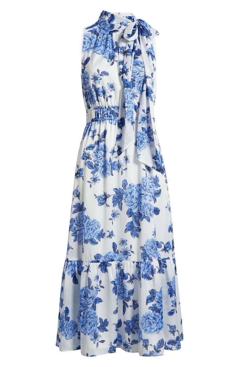 Anne Klein Floral Stripe Mock Neck Midi Dress, Main, color, Marina Multi