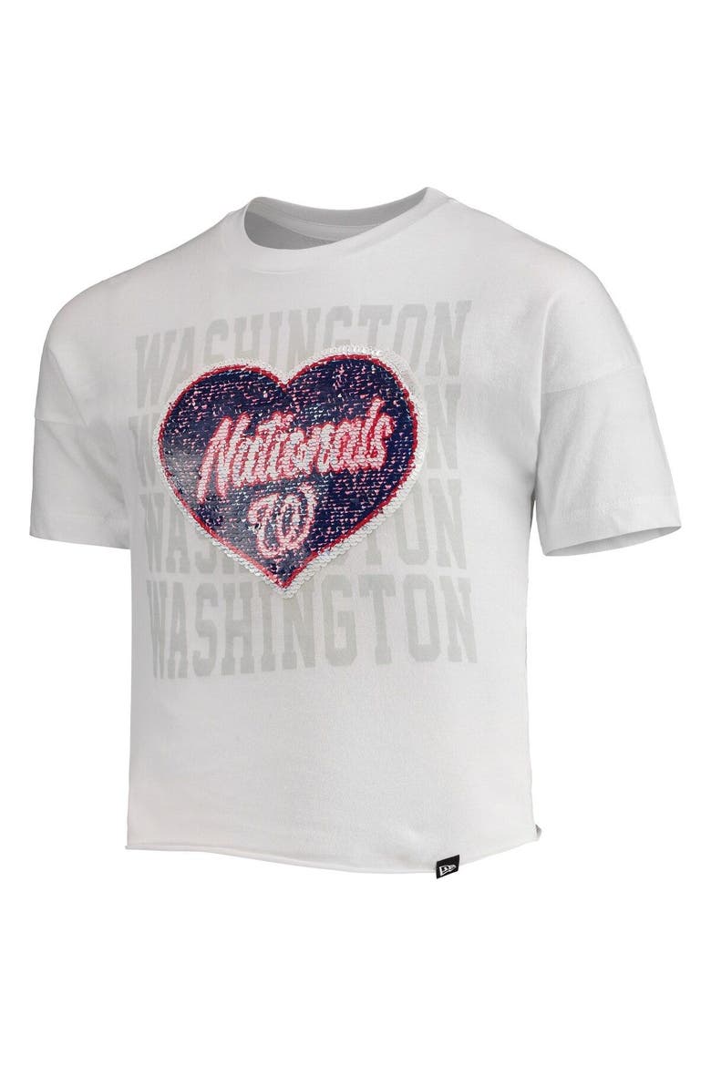 Girls Youth New Era White Washington Nationals Flip Sequin Heart Crop Top, Alternate, color, White
