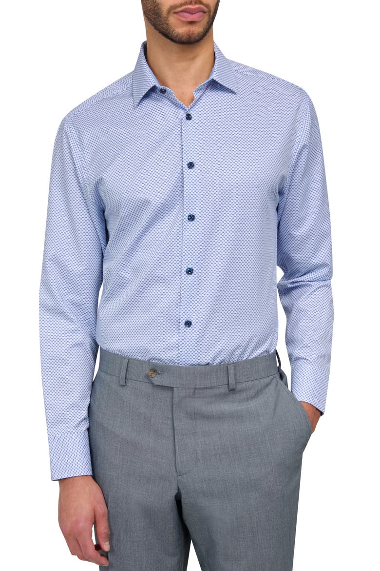 Micro Geometric Print Stretch Button-Up Shirt, Main, color, BLUE/ WHITE