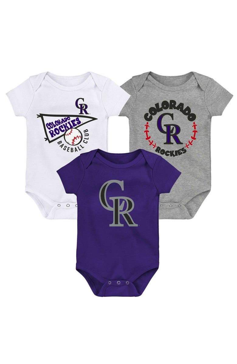 Outerstuff Infant Purple/White/Heather Gray Colorado Rockies Biggest Little Fan 3-Pack Bodysuit Set, Main, color, Purple