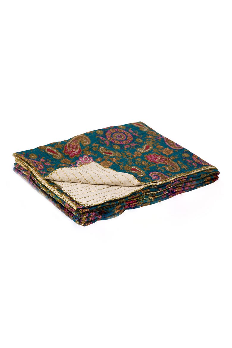 Vintage Cotton Kantha Throw Blanket, Alternate, color, TEAL PAISLEY