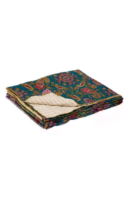 Taj Hotel Vintage Cotton Kantha Throw Blanket In Teal Paisley