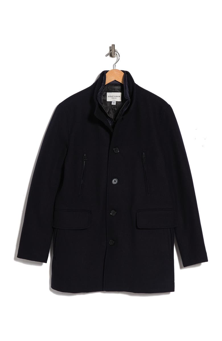 Cole Haan Signature Stand Collar Bib Wool Blend Coat, Alternate, color, Navy