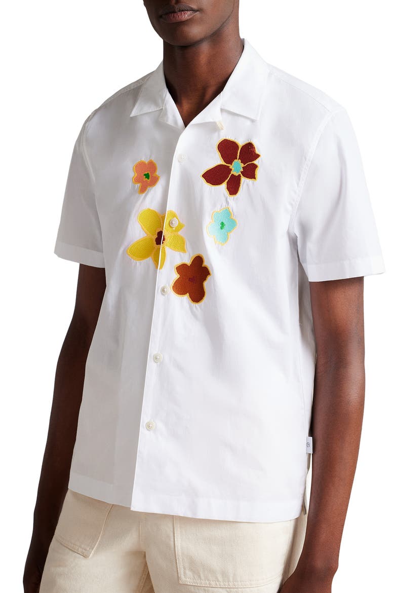 Walmond Floral Appliqué Short Sleeve Cotton Button-Up Camp Shirt, Main, color, WHITE