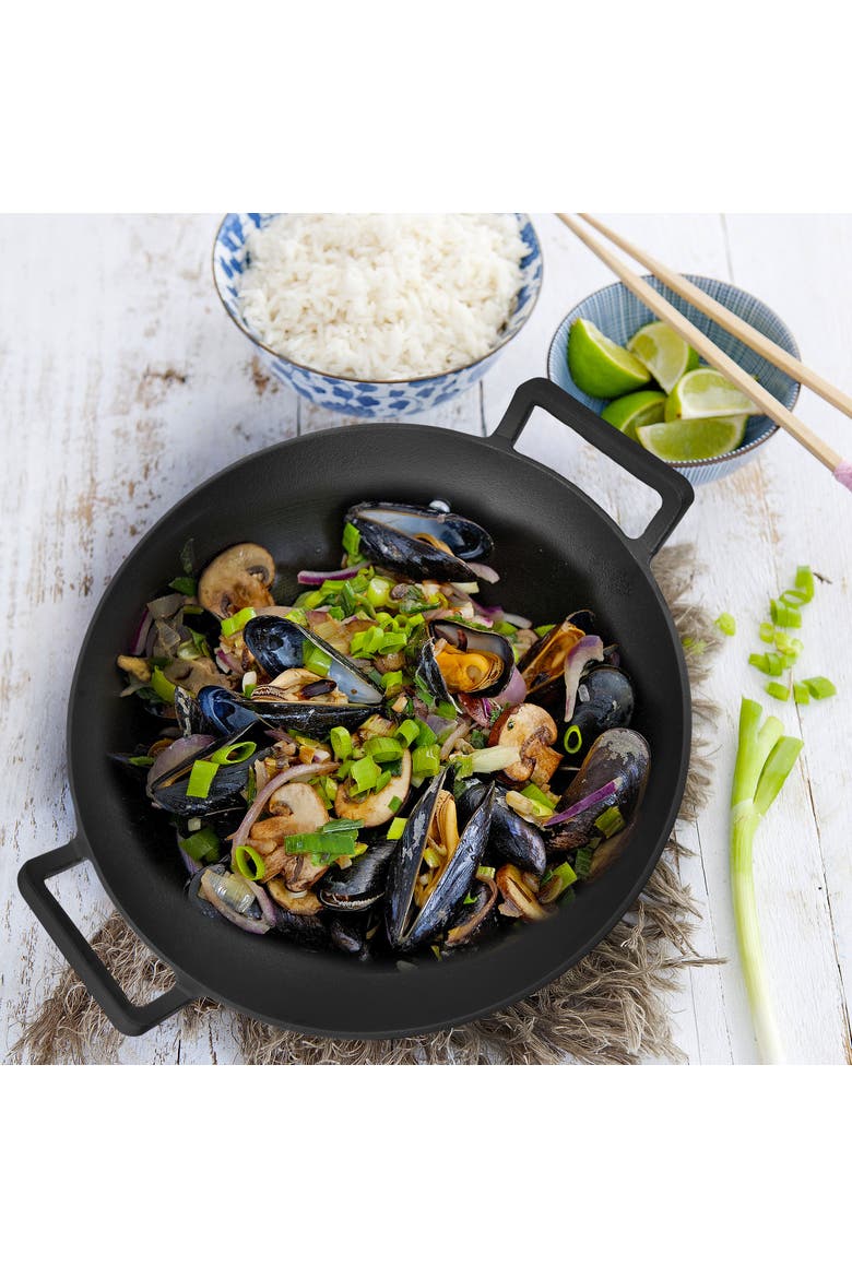 2 Piece 14 Inch Heavy Duty Cast Iron Wok with Wood Lid, Alternate, color, Black