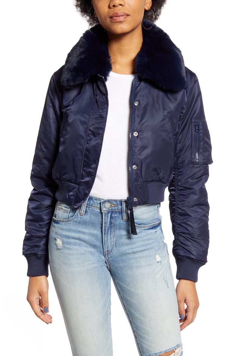 Faux Fur Collar Cropped Bomber Jacket, Main, color, NAVY