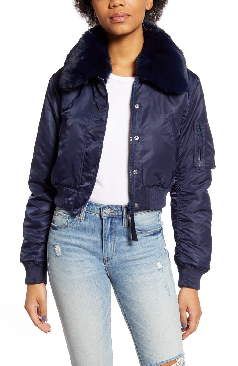 BDG Urban Outfitters Faux Fur Collar Cropped Bomber Jacket, Main, color,