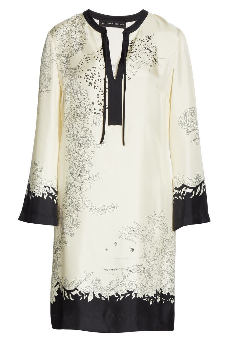 Cheetah & Floral Print Long Sleeve Silk Shift Dress, Alternate, color, BLACK