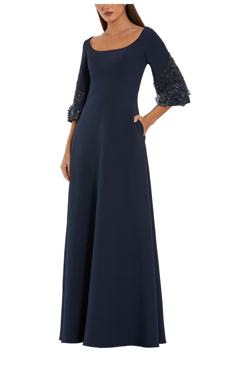 Mac Duggal Crepe Gown With Floral Embellished Sleeves, Main, color, Midnight