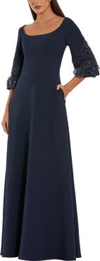 Mac Duggal Crepe Gown With Floral Embellished Sleeves
