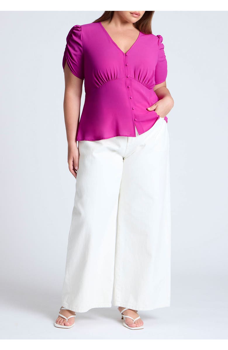 ELOQUII Shirred Sleeve Top With Buttons, Alternate, color, Berry