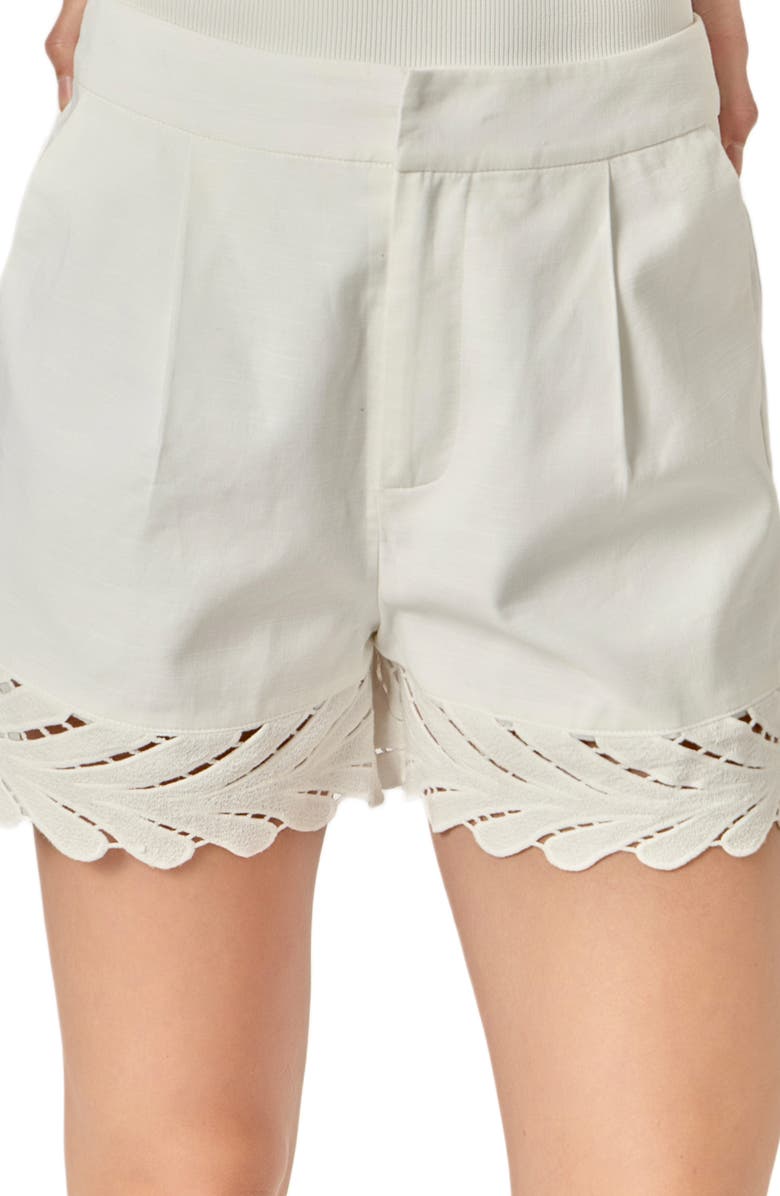 English Factory Embroidered Linen & Cotton Shorts, Alternate, color, Off White