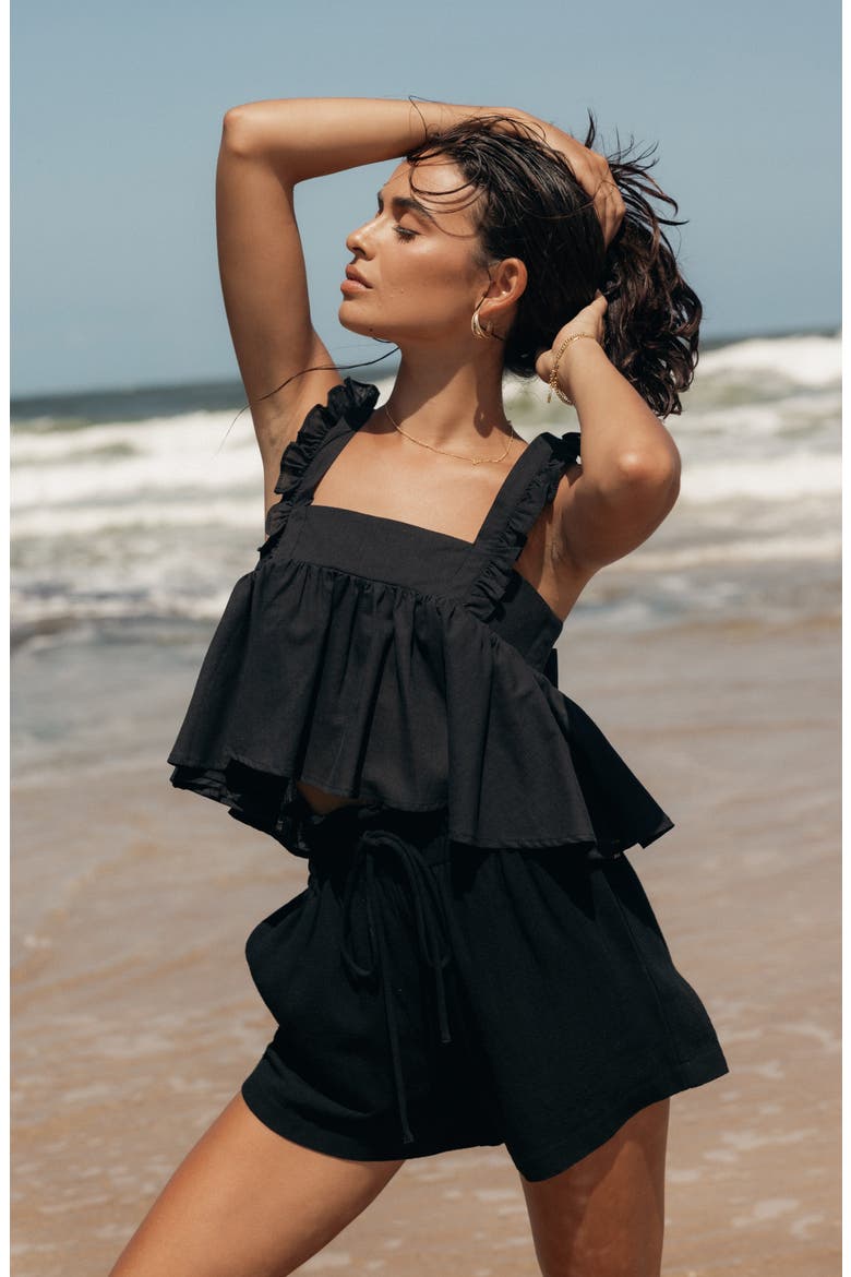 Raye Ruffle Strap Crop Sleeveless Top, Alternate, color, BLACK