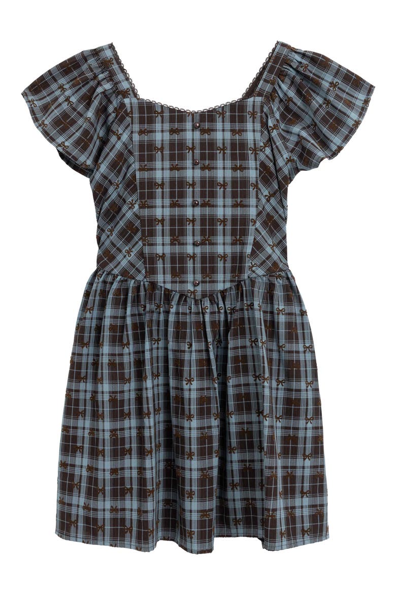 Kids' Flocked Plaid Drop Waist Dress, Main, color, BROWN/ AQUA JM
