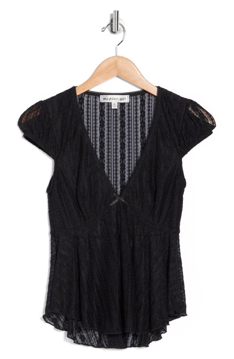 Madden Girl Cap Sleeve Lace Babydoll Top, Alternate, color, Black
