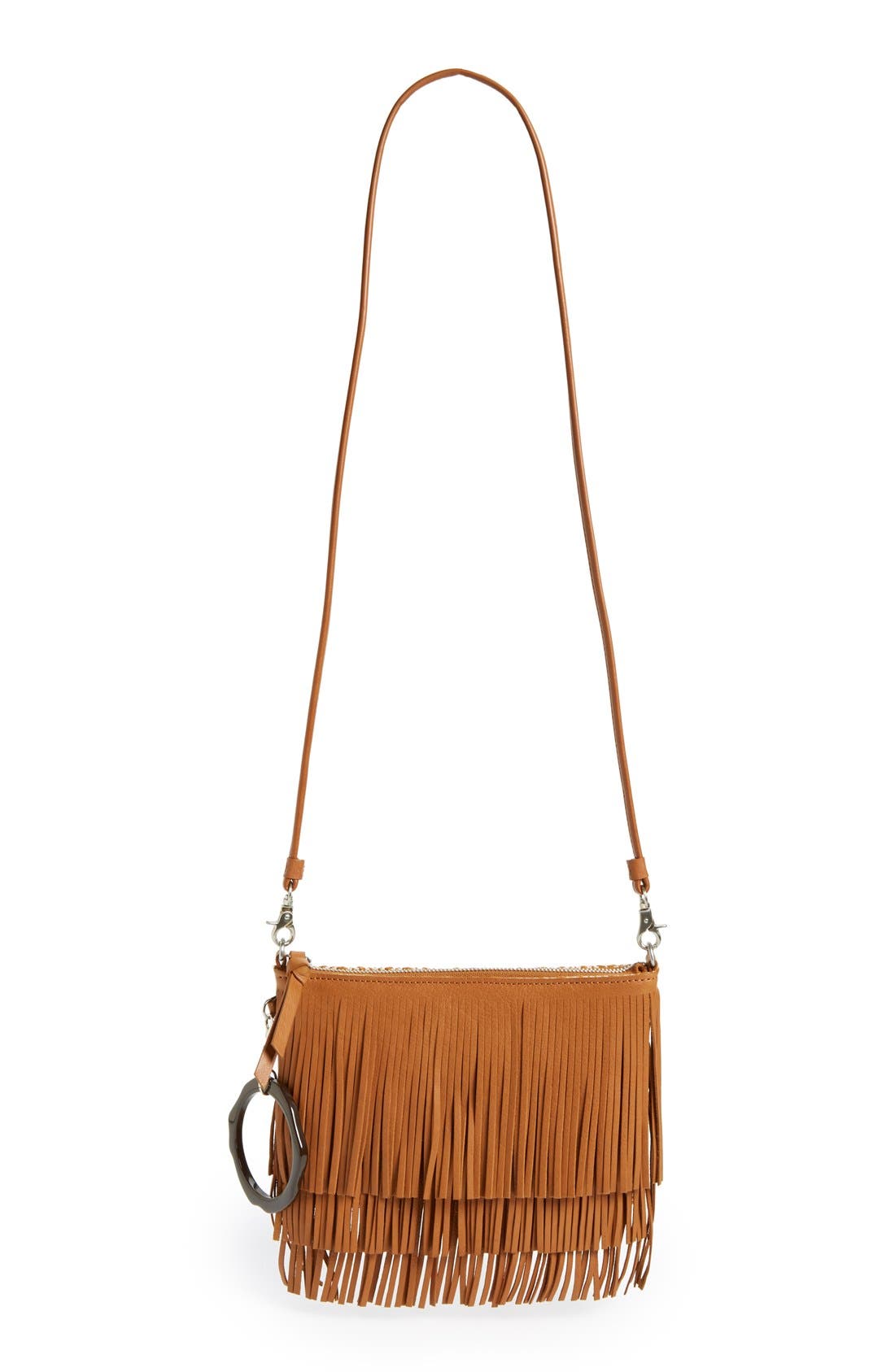 'Clover' Fringe Clutch, Main, color, CHESTNUT