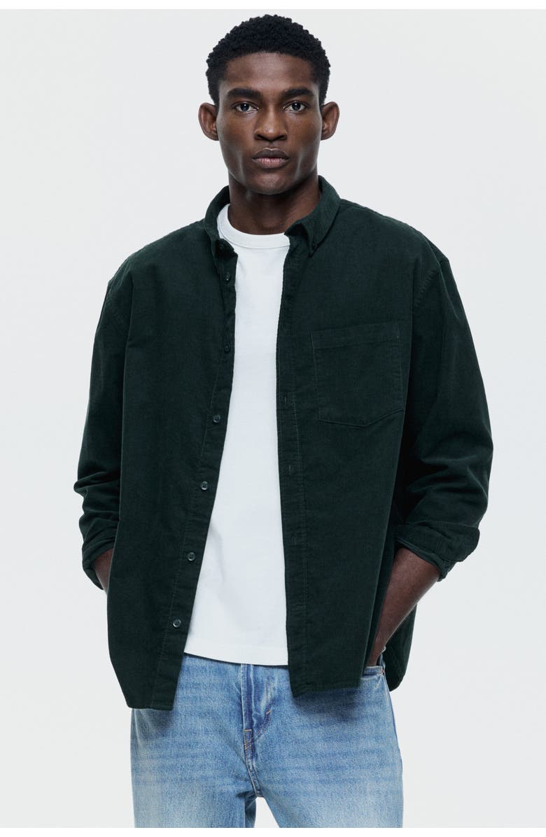 H&M Regular Fit Corduroy Shirt, Alternate, color, Dark Green