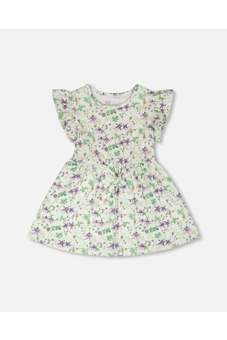 Jersey Flutter Sleeves Printed Flowers Dress, Main, color, Green Floral Print