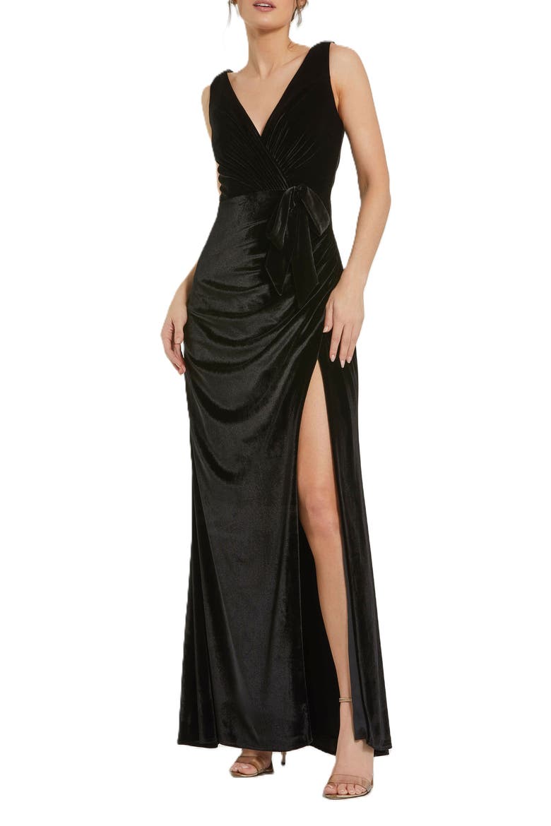 Deep V High Slit Draped Velvet Fitted Gown, Main, color, Black