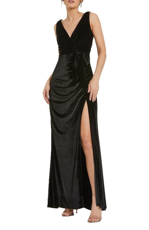 Deep V High Slit Draped Velvet Fitted Gown
