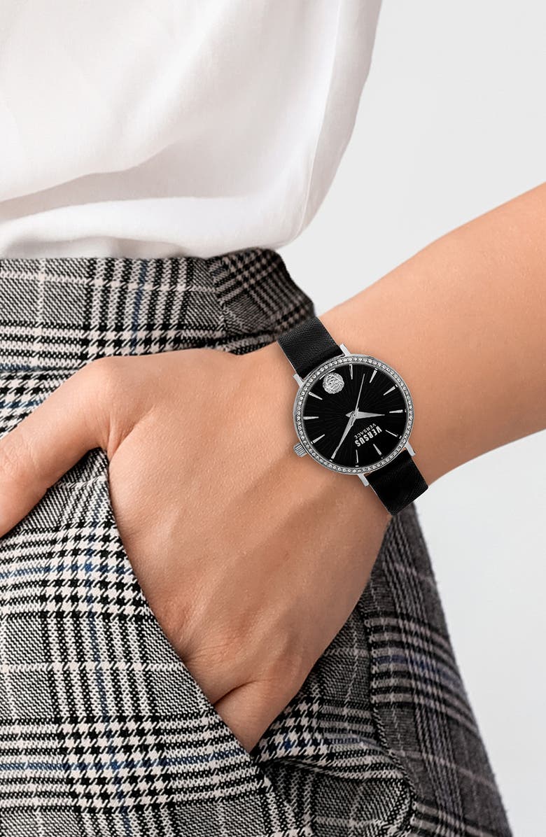 VERSUS Versace Mar Vista Three-Hand Quartz Swarovski Pavé Leather Strap Watch, 34mm, Alternate, color, Stainless Steel