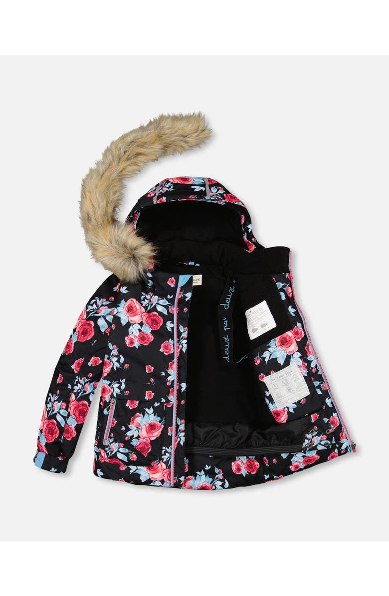 Deux par Deux Girl's Two Piece Snowsuit Black Printed Rose With Fuschia Pink, Alternate, color, 