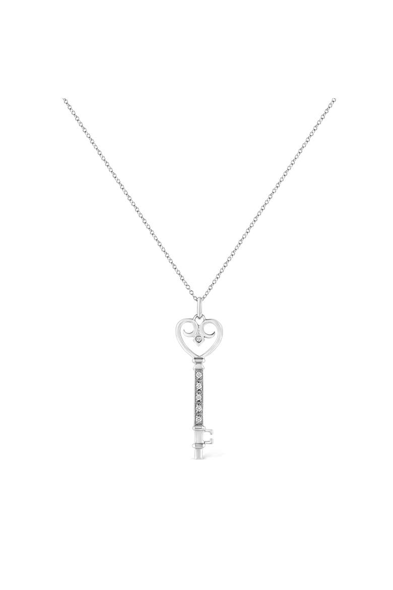 Silver Pave and Bezel-Set Diamond Accent Key Heart and Lock Pendant Necklace, Alternate, color, White