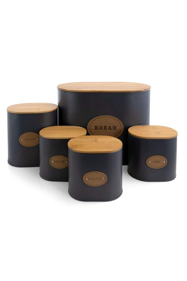 Kitchen Food Storage and Organization 5 Piece Canister Set with Wood Lids, Main, color, Gray