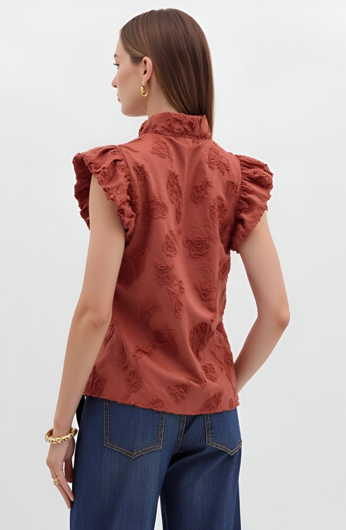 Modenaire Ruffle Sleeve Blouse With Textured Floral Embroidery And Button Front In Brown