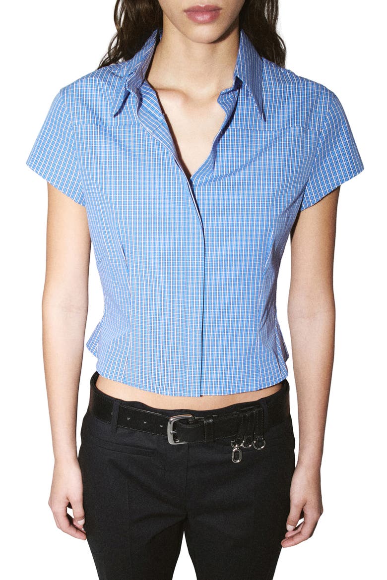 Starring Hailey Bieber Gigi Check Print Crop Cotton Shirt, Main, color, BLUE