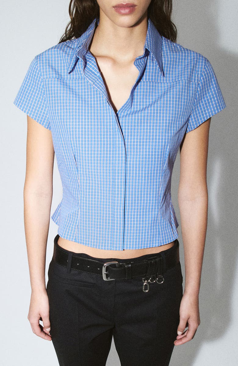 MANGO Starring Hailey Bieber Gigi Check Print Crop Cotton Shirt, Main, color, Blue