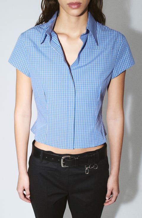 Featuring Hailey Bieber Gigi Check Print Crop Cotton Shirt